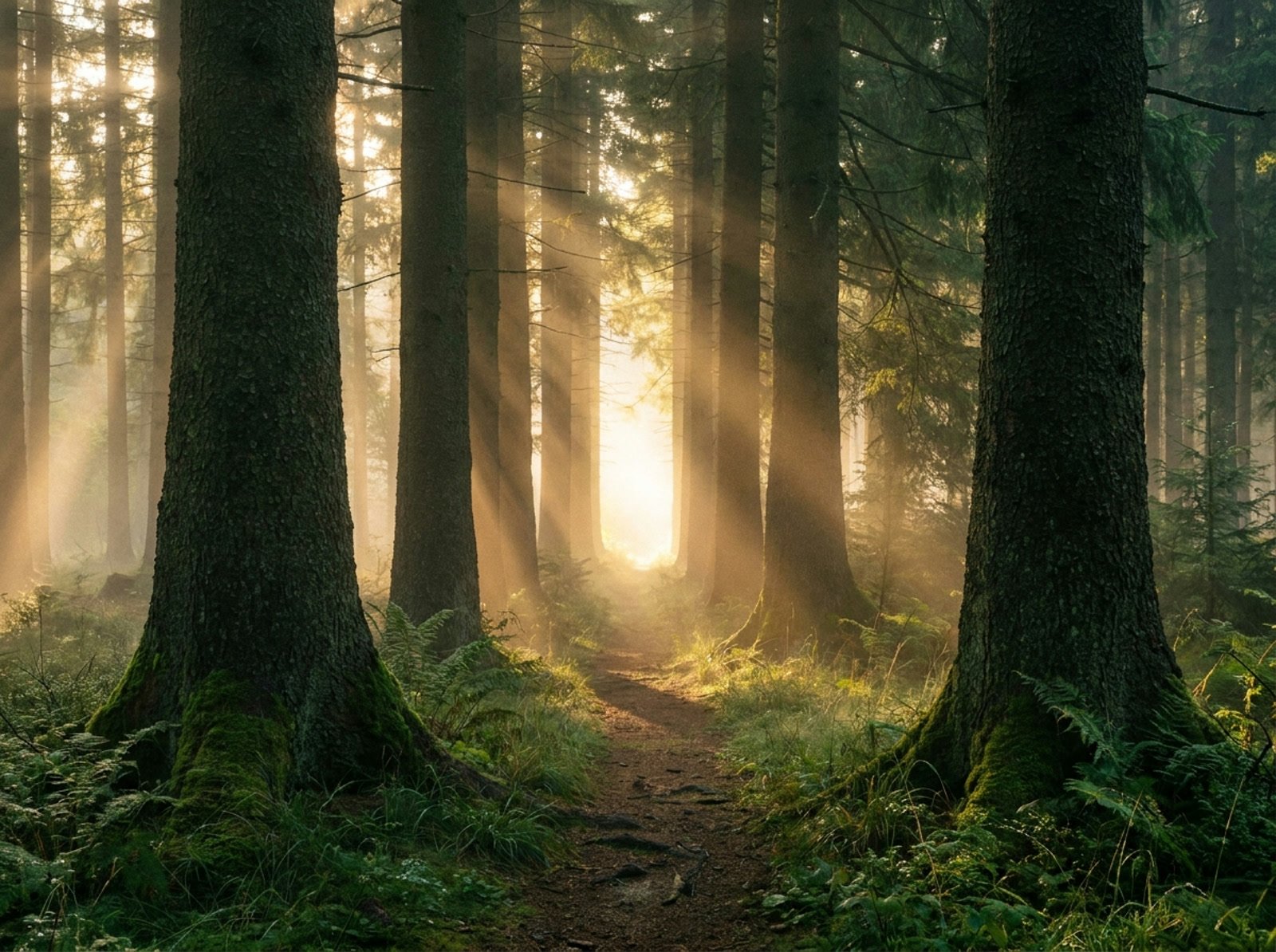 A trail winding through dawn timber